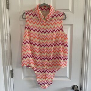 No Boundaries Womens Blouse Top XL Sleeveless Chevron Print Crochet Back Pink